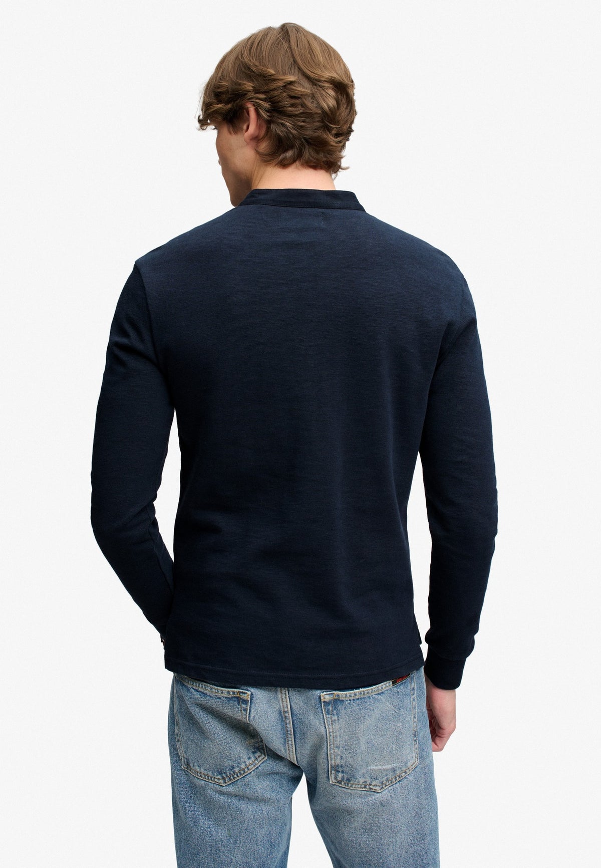 Superdry Woven Placket Grandad Top in Deep Navy back view on model