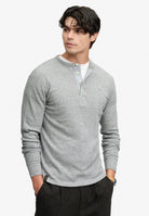 Superdry grey grit marl long sleeve grandad top on model