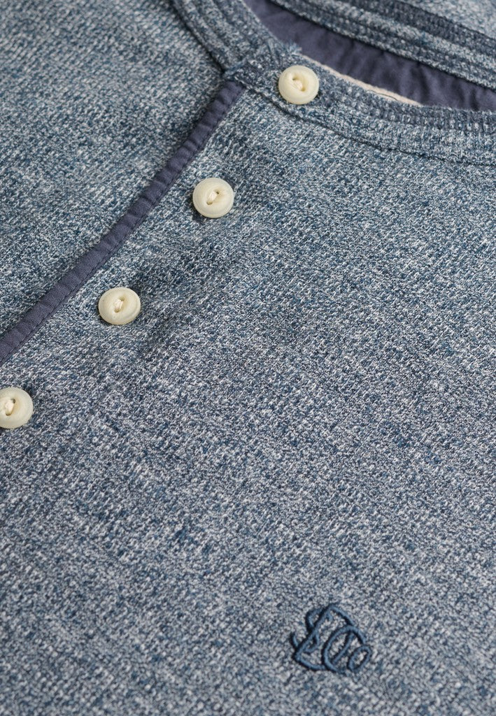 Superdry Mini Slub Waffle Grandad Top in Denim Blue Marl button placket detail
