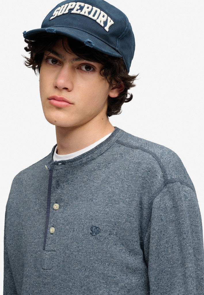 Superdry Mini Slub Waffle Grandad Top in Denim Blue Marl angled model view