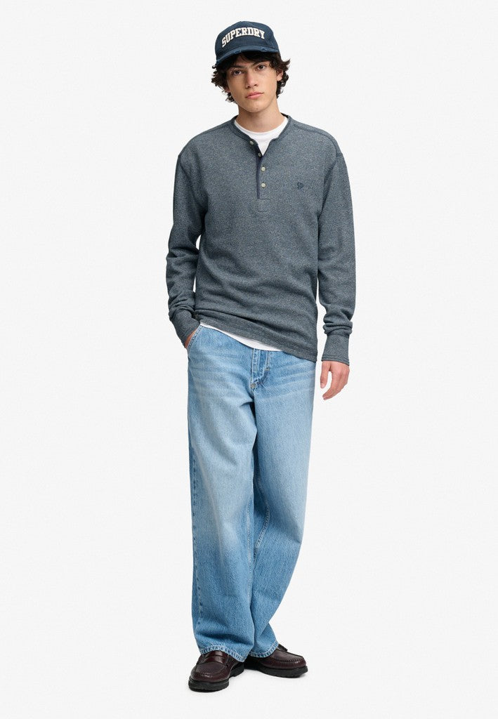 Superdry Mini Slub Waffle Grandad Top in Denim Blue Marl full length model view