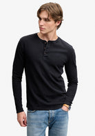 Superdry Waffle Long Sleeve Henley Top in French Blue angled view on model