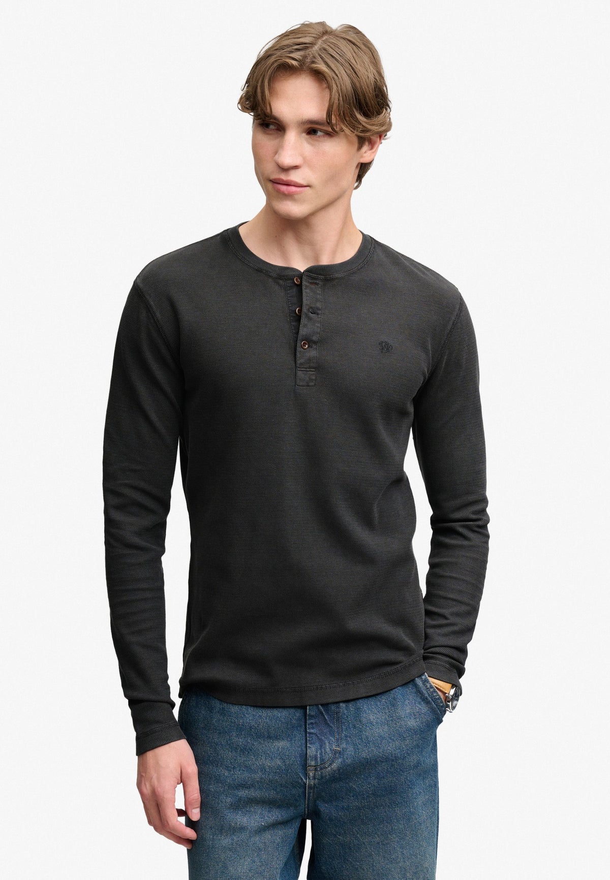Superdry Waffle Long Sleeve Henley Top in Washed Black on model