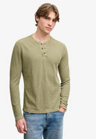 Superdry Waffle Long Sleeve Henley Top in Light Khaki Green on model