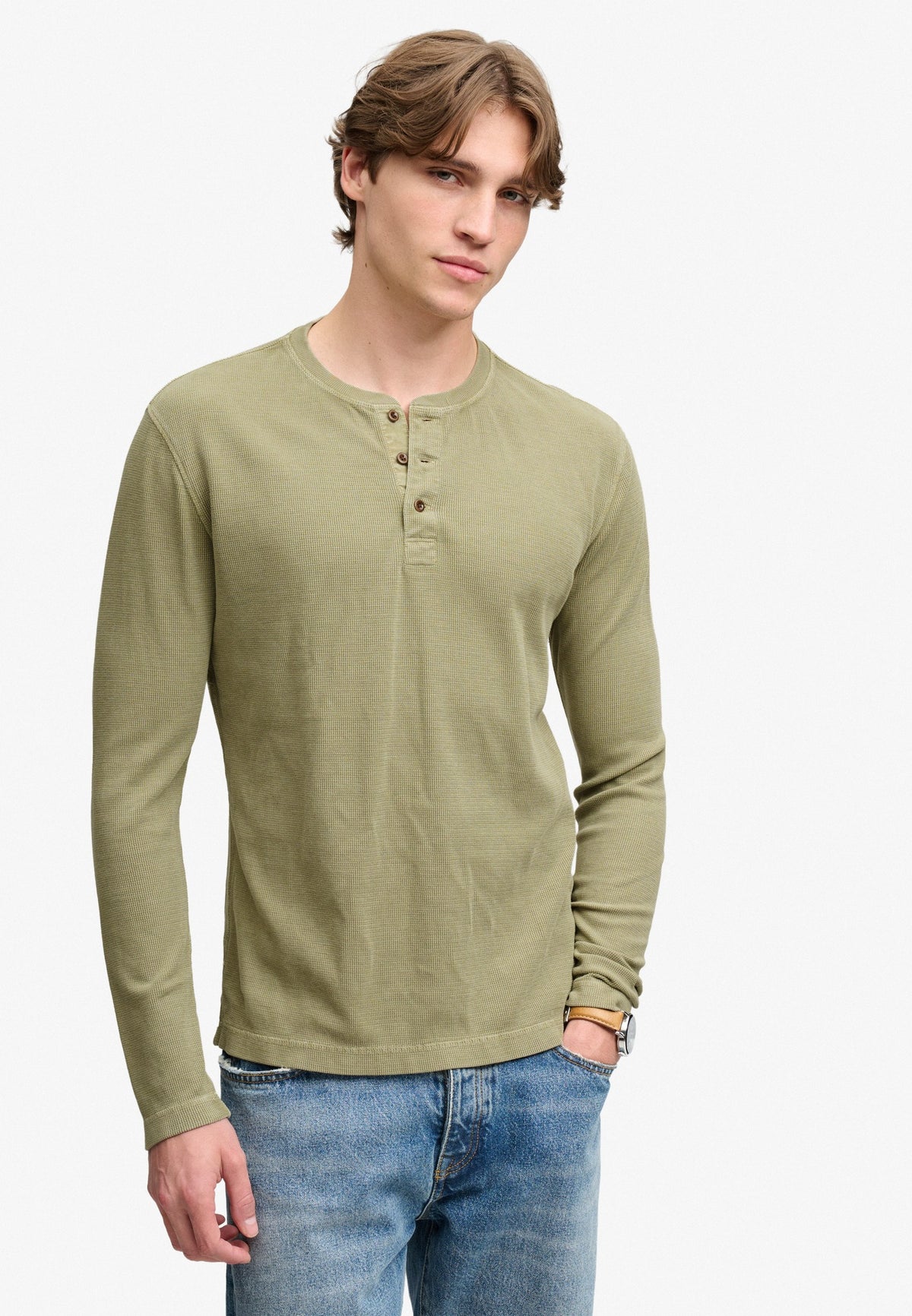 Superdry Waffle Long Sleeve Henley Top in Light Khaki Green on model