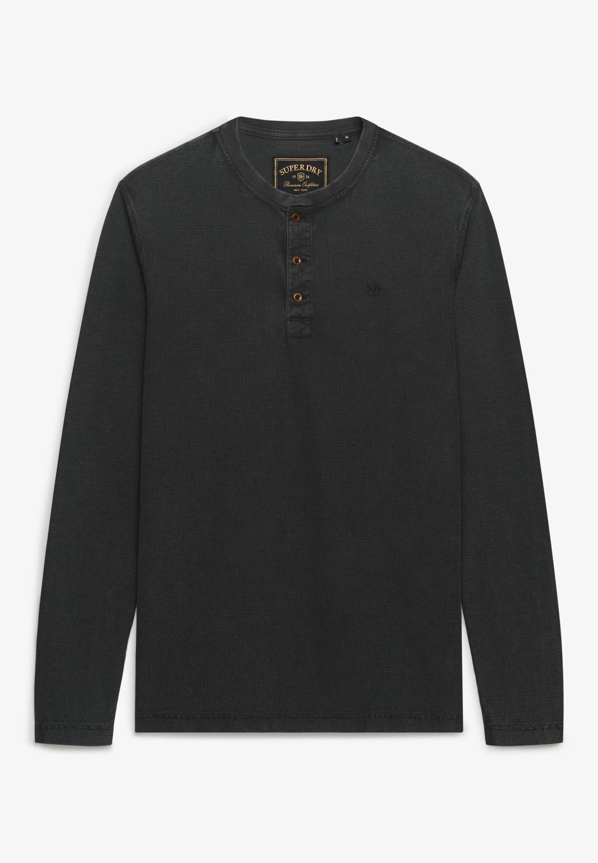 Superdry Waffle Long Sleeve Henley Top in Washed Black angled view