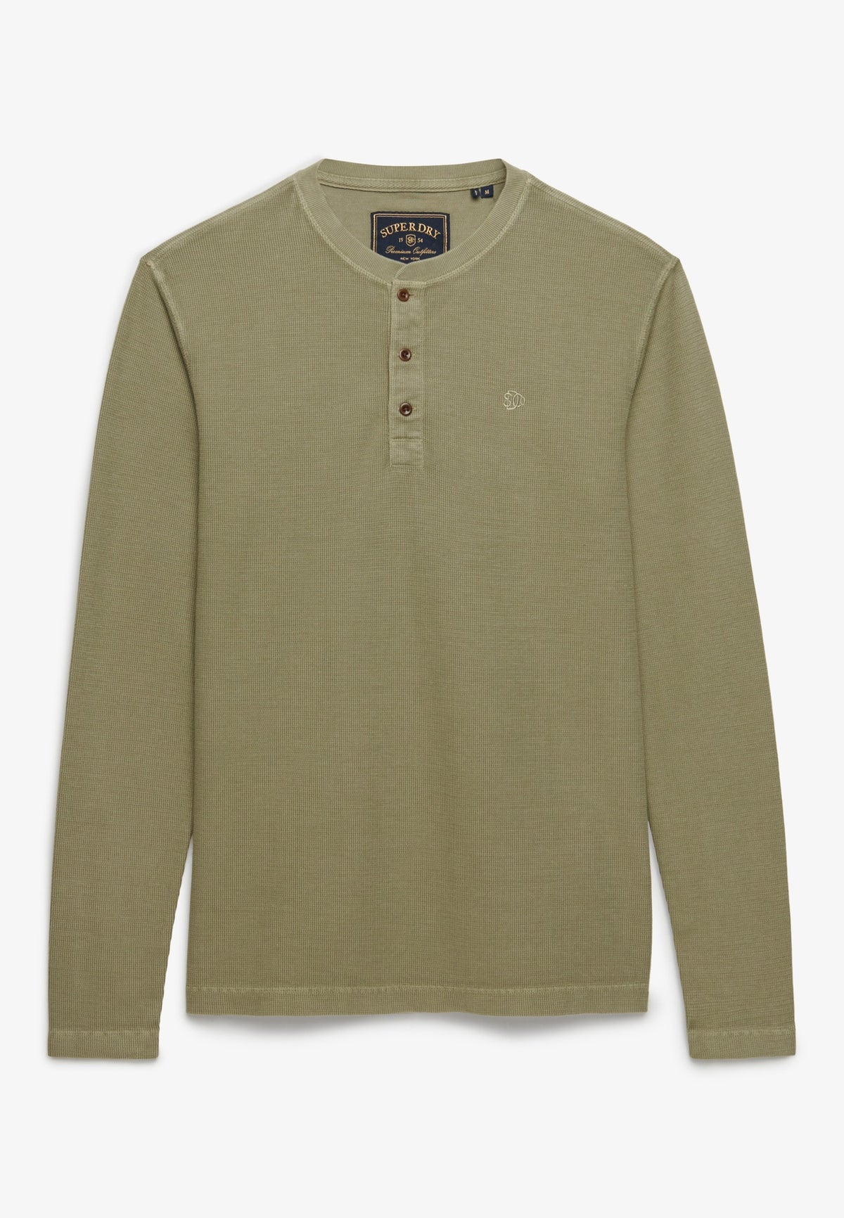 Superdry Waffle Long Sleeve Henley Top in Light Khaki Green angled view