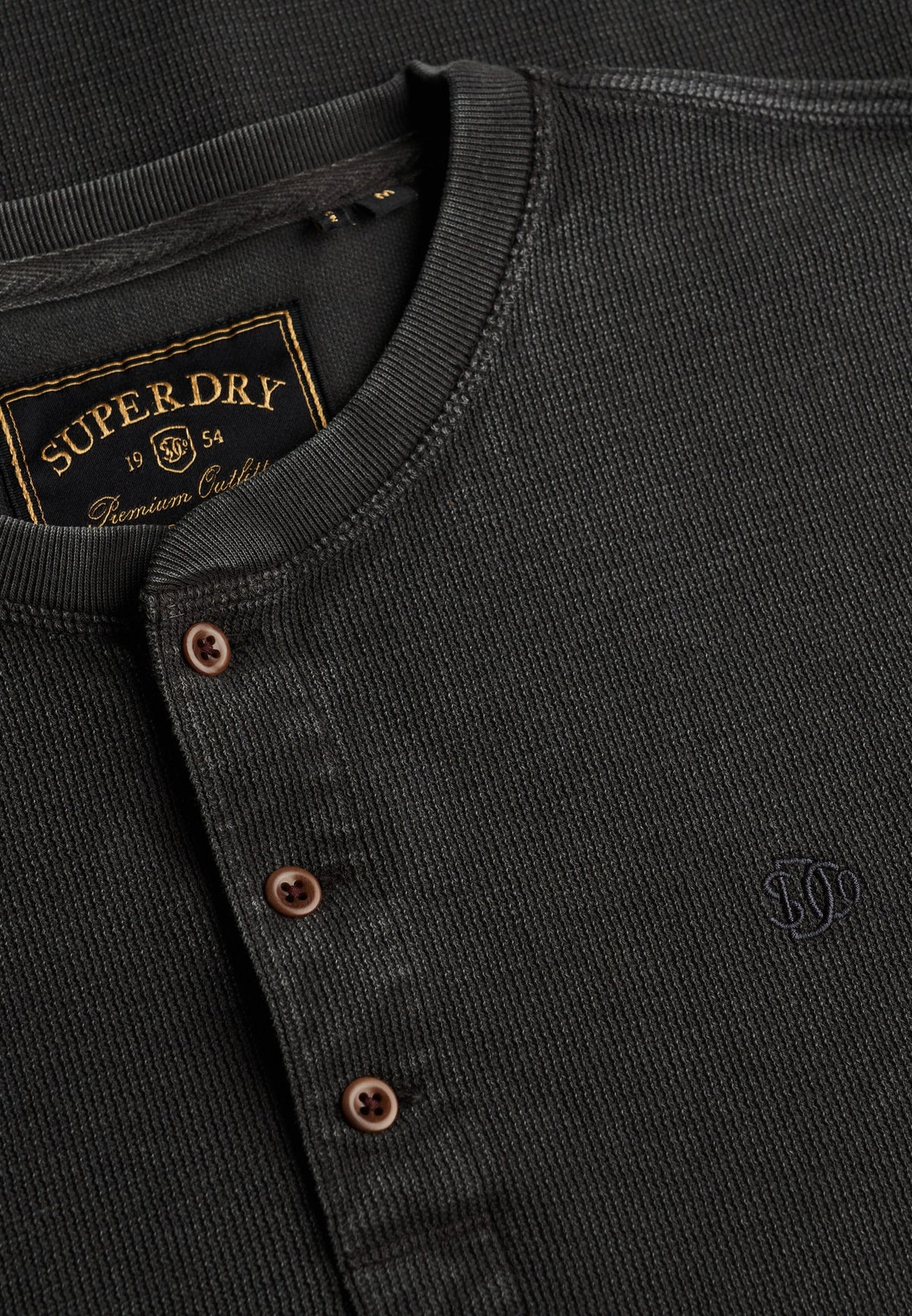 Superdry Waffle Long Sleeve Henley Top in Washed Black button placket and waffle texture detail