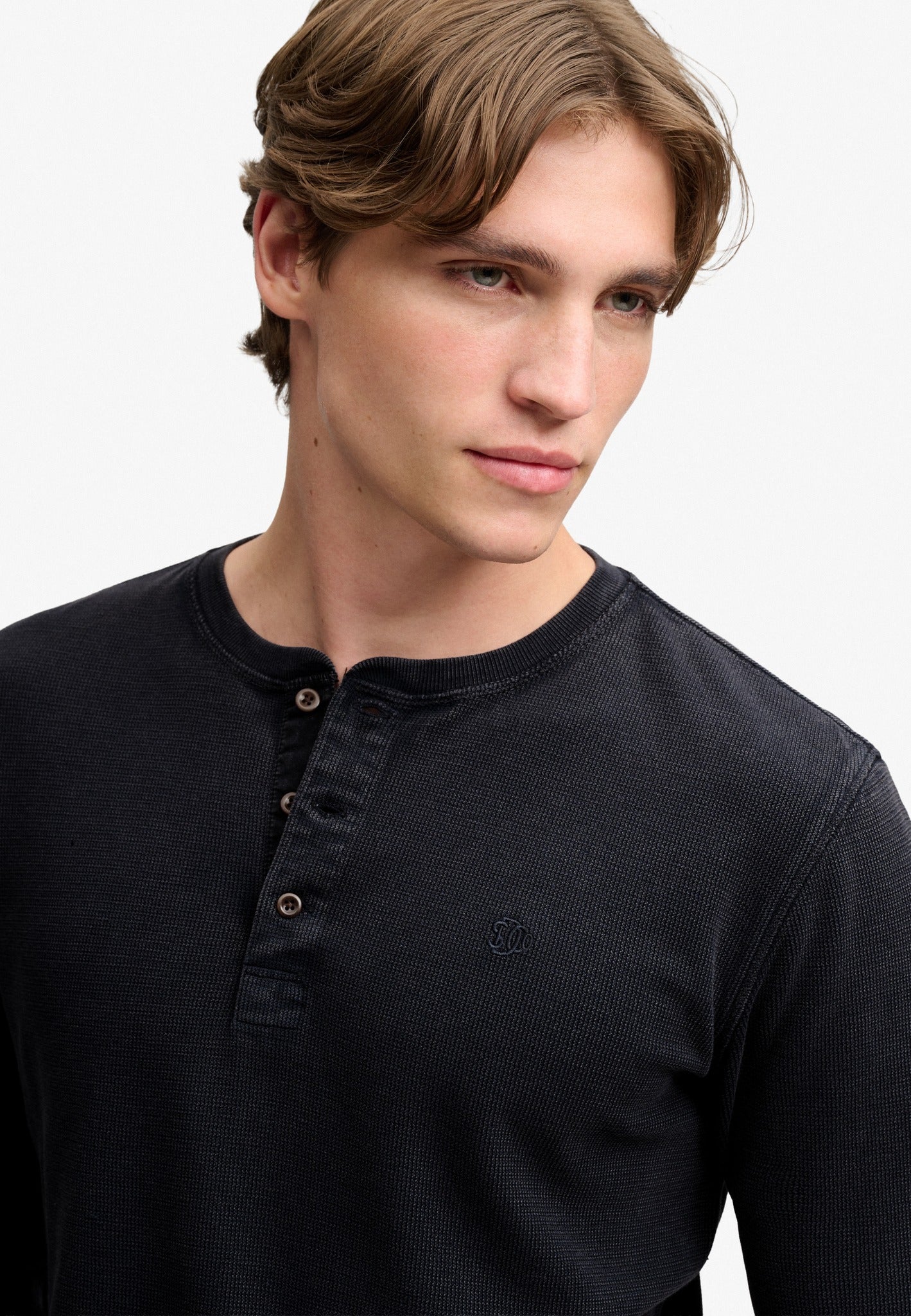 Superdry Waffle Long Sleeve Henley Top in French Blue upper body view