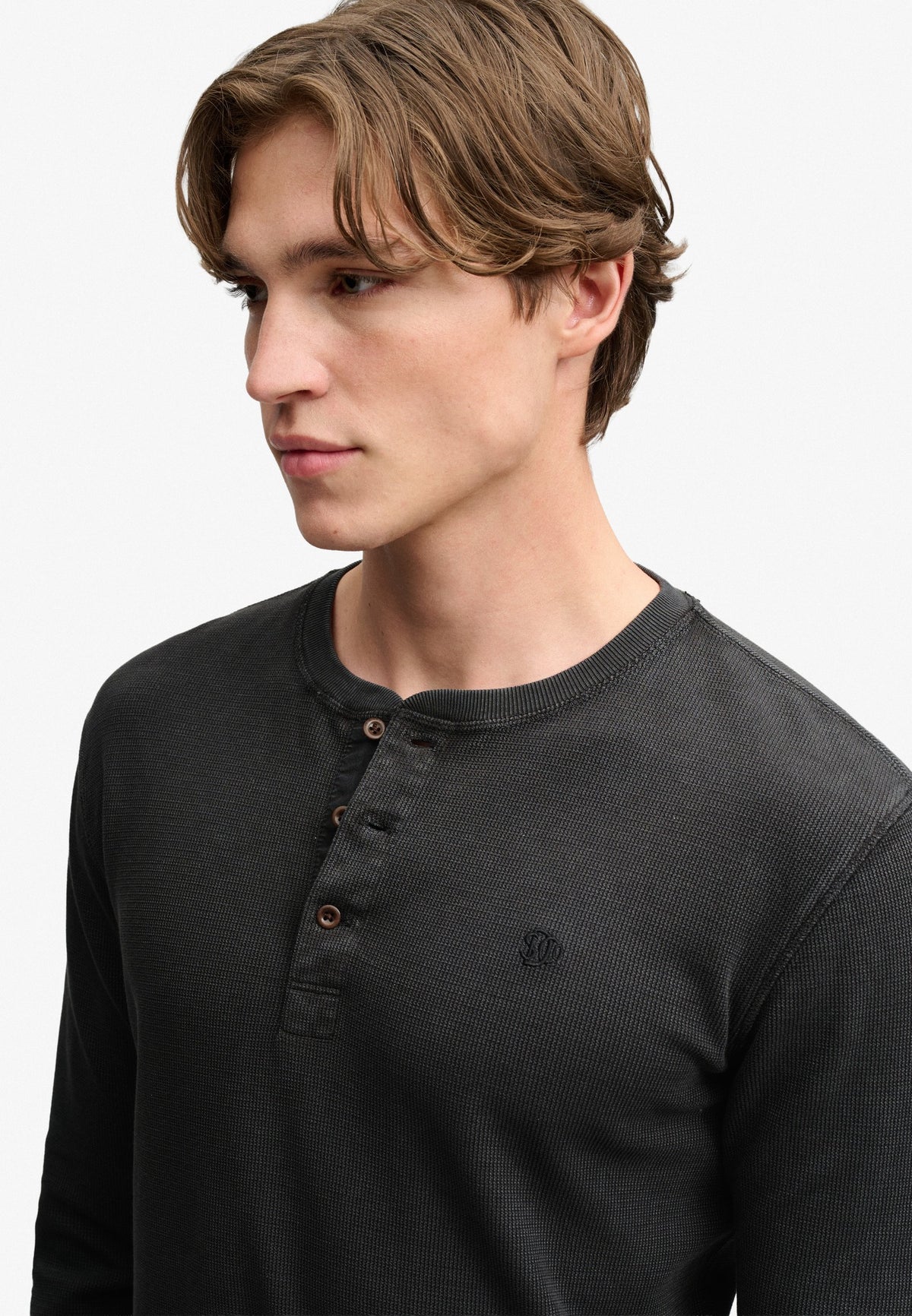 Superdry Waffle Long Sleeve Henley Top in Washed Black lifestyle view