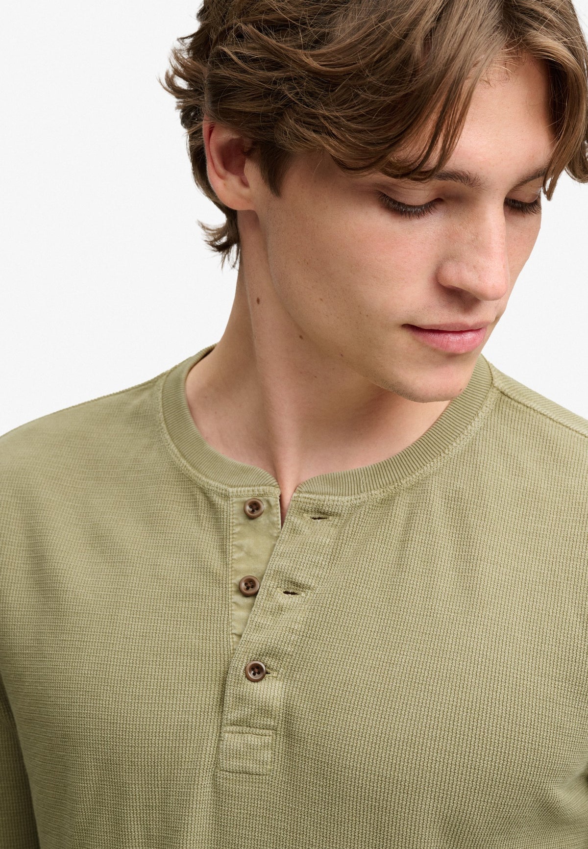 Superdry Waffle Long Sleeve Henley Top in Light Khaki Green button placket detail angled view