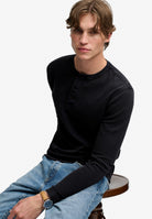 Superdry Waffle Long Sleeve Henley Top in French Blue seated view
