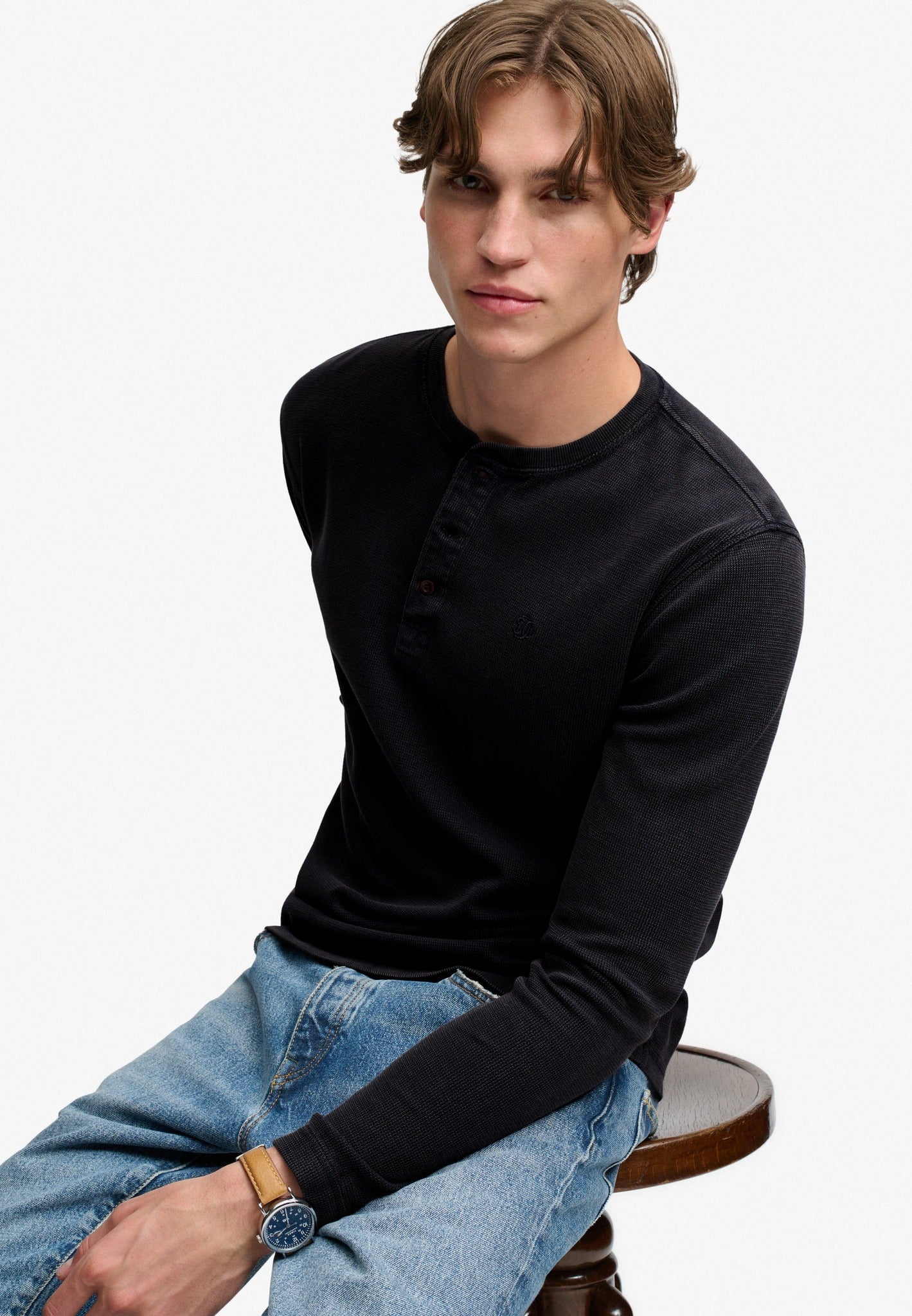 Superdry Waffle Long Sleeve Henley Top in French Blue seated view