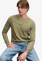 Superdry Waffle Long Sleeve Henley Top in Light Khaki Green seated view
