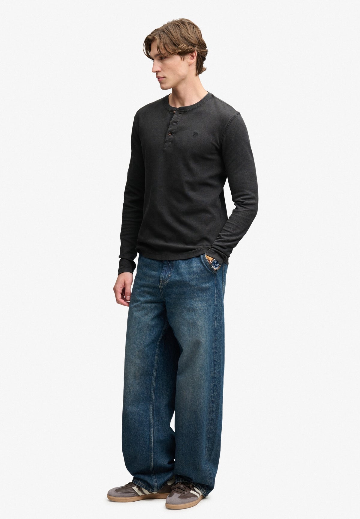 Superdry Waffle Long Sleeve Henley Top in Washed Black front view