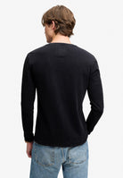 Superdry Waffle Long Sleeve Henley Top in French Blue back view on model