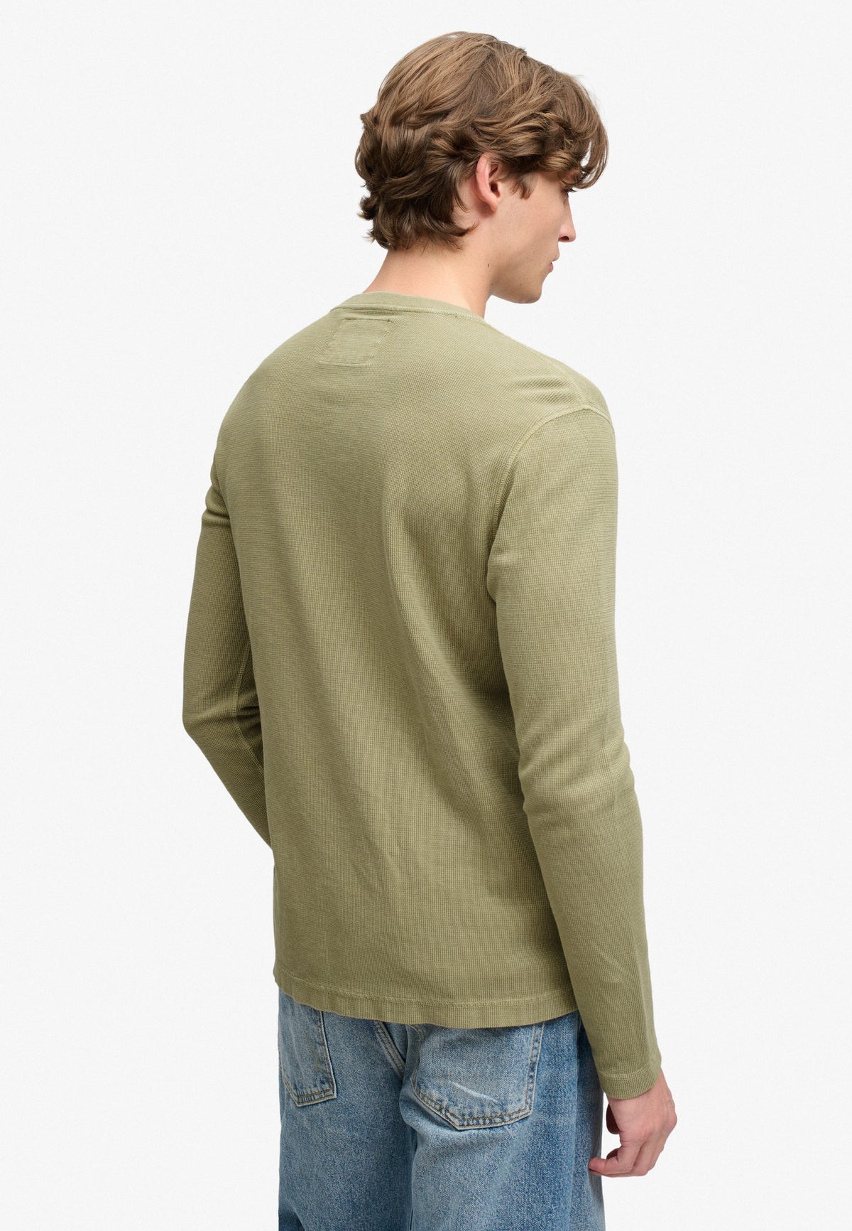Superdry Waffle Long Sleeve Henley Top in Light Khaki Green back view on model