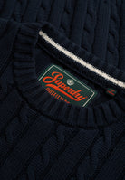 Superdry Cotton Cable Knit Crew in Eclipse Navy cable knit with neck label