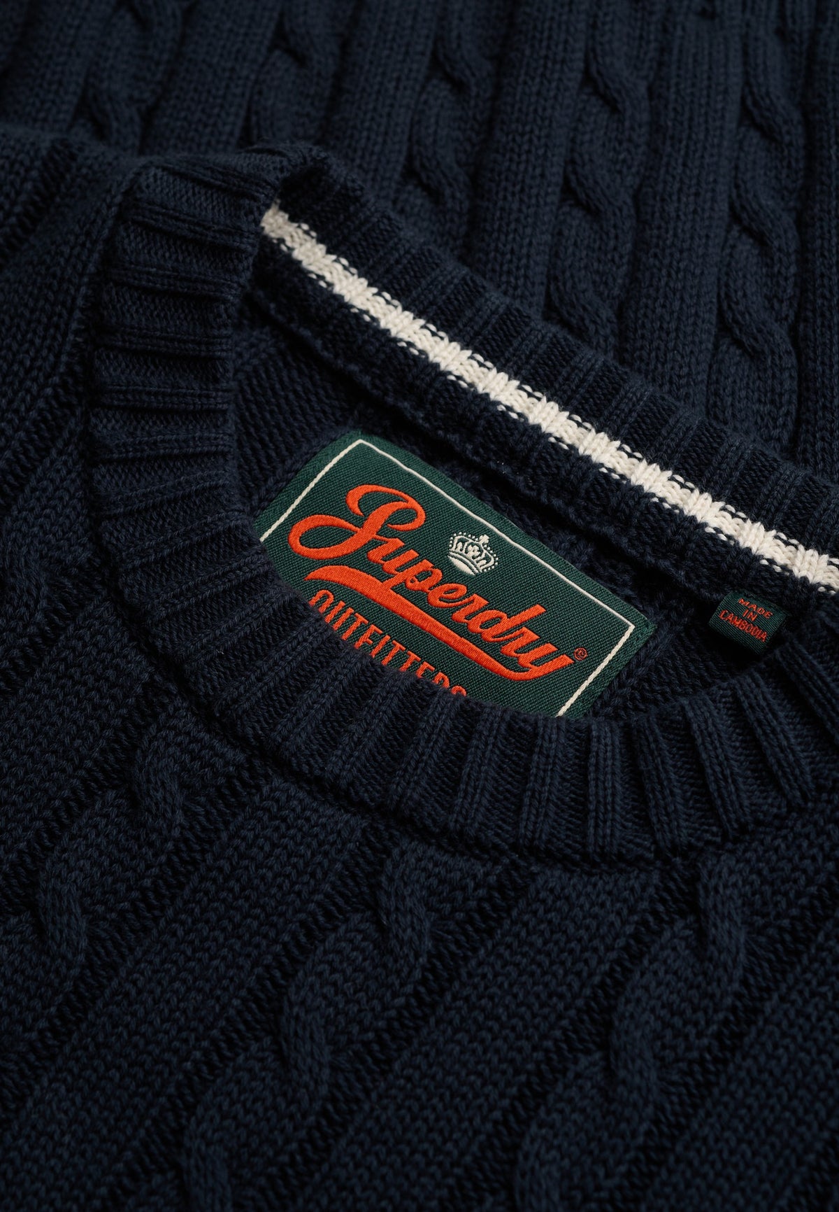 Superdry Cotton Cable Knit Crew in Eclipse Navy cable knit with neck label