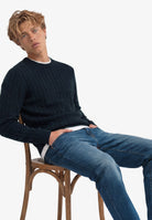 Superdry Cotton Cable Knit Crew in Eclipse Navy seated view