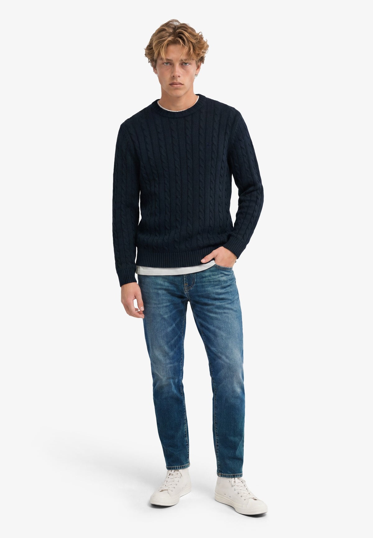 Superdry Cotton Cable Knit Crew in Eclipse Navy full model front view