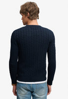 Superdry Cotton Cable Knit Crew in Eclipse Navy back view on model