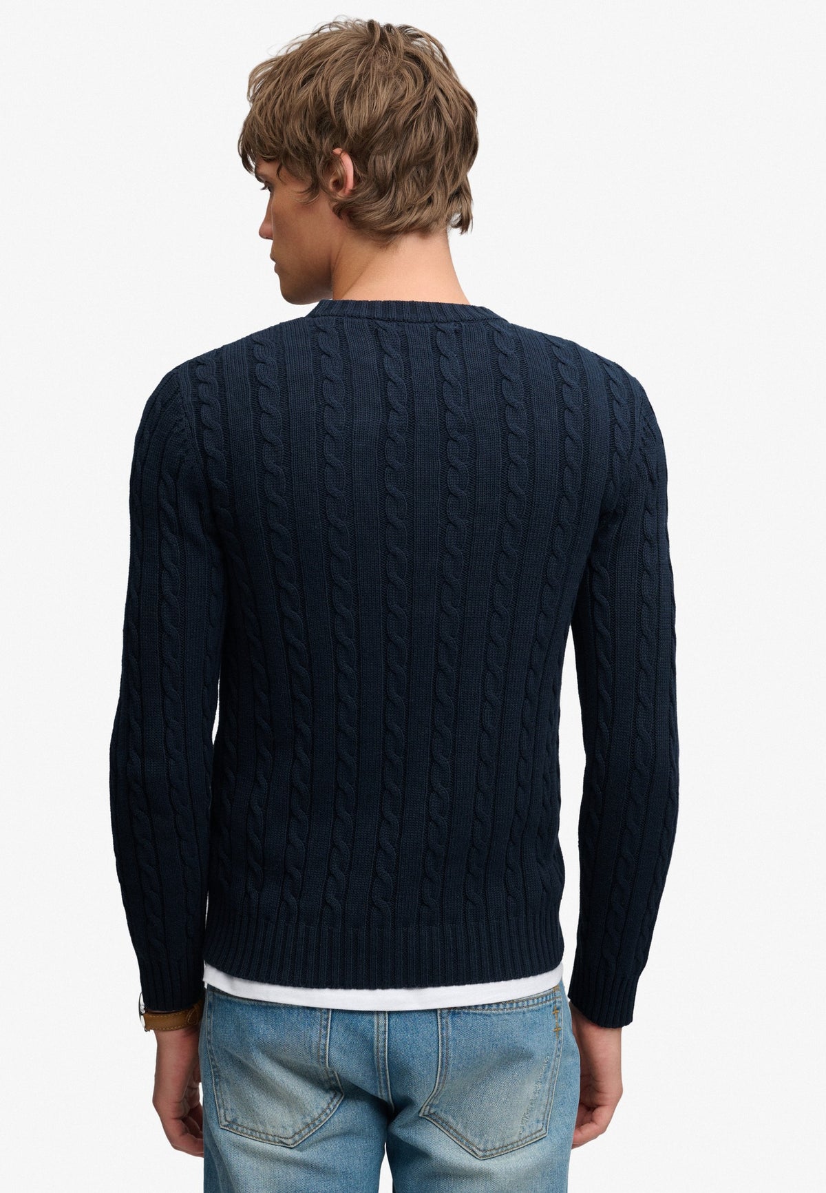 Superdry Cotton Cable Knit Crew in Eclipse Navy back view on model