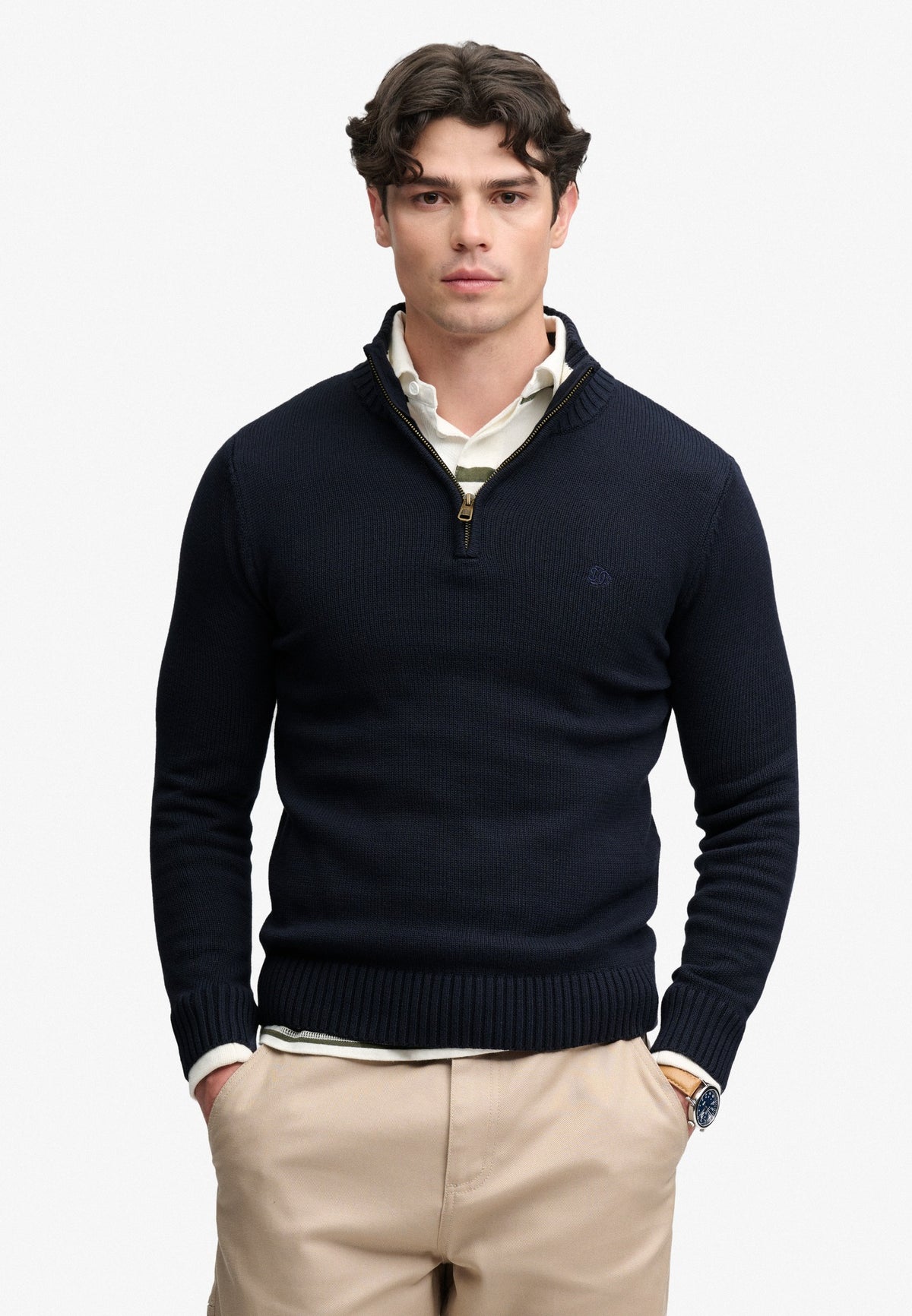 Superdry Cotton Half Zip Knit in Navy on model