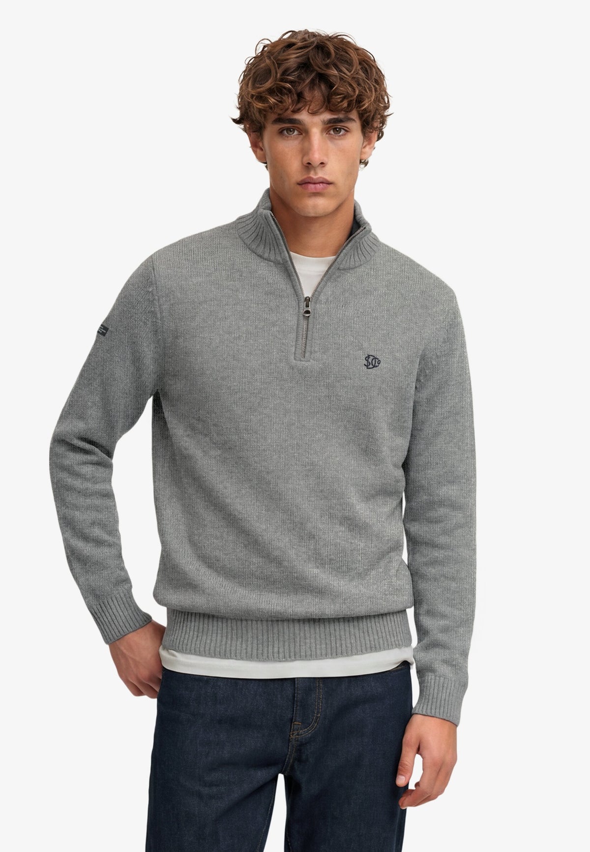 Superdry Cotton Half Zip Knit in Grey Marl front view