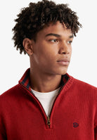 Superdry Cotton Half Zip Knit in Expedition Red angled view on model