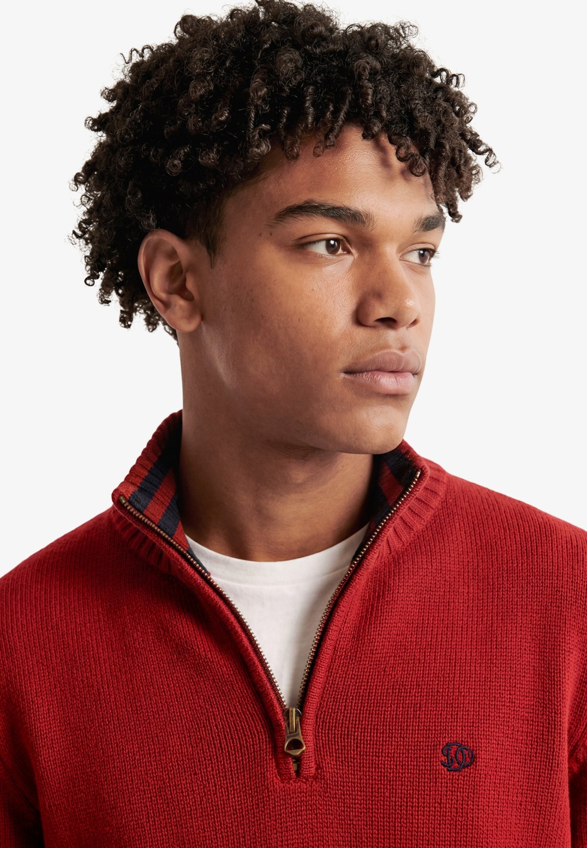 Superdry Cotton Half Zip Knit in Expedition Red angled view on model