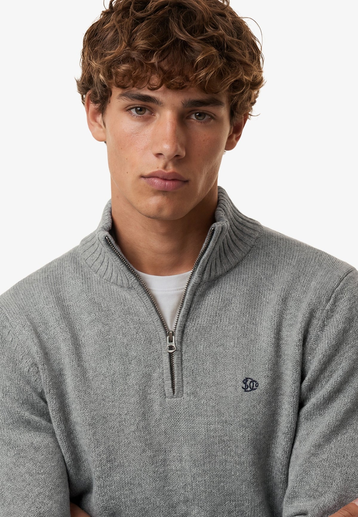 Superdry Cotton Half Zip Knit in Grey Marl on model