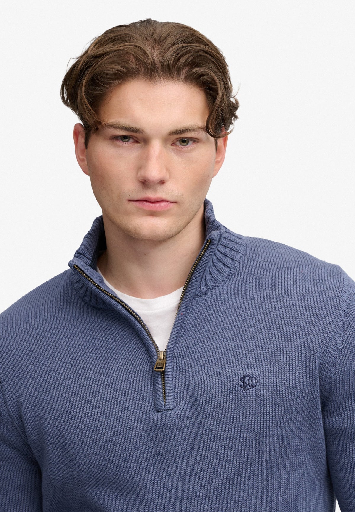 Superdry Cotton Half Zip Knit in Soft Navy on model
