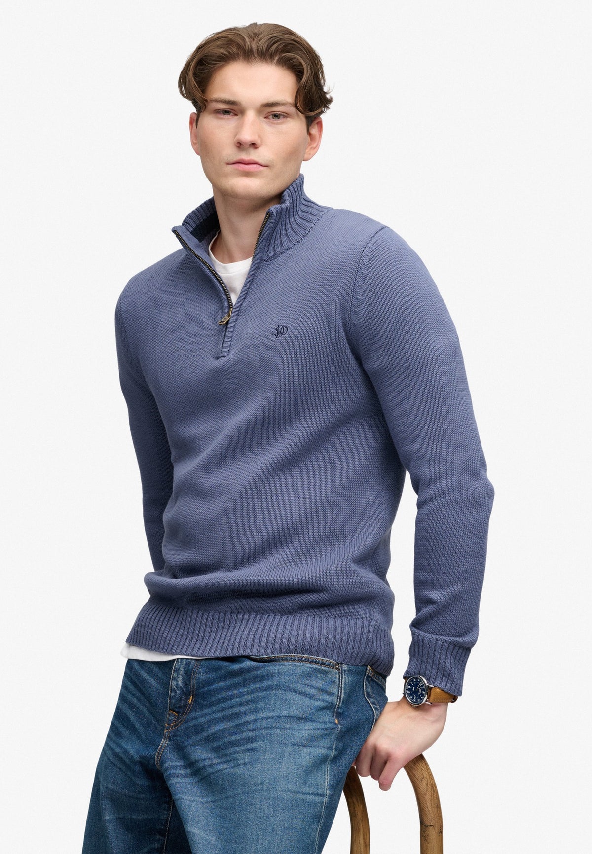 Superdry Cotton Half Zip Knit in Soft Navy front view