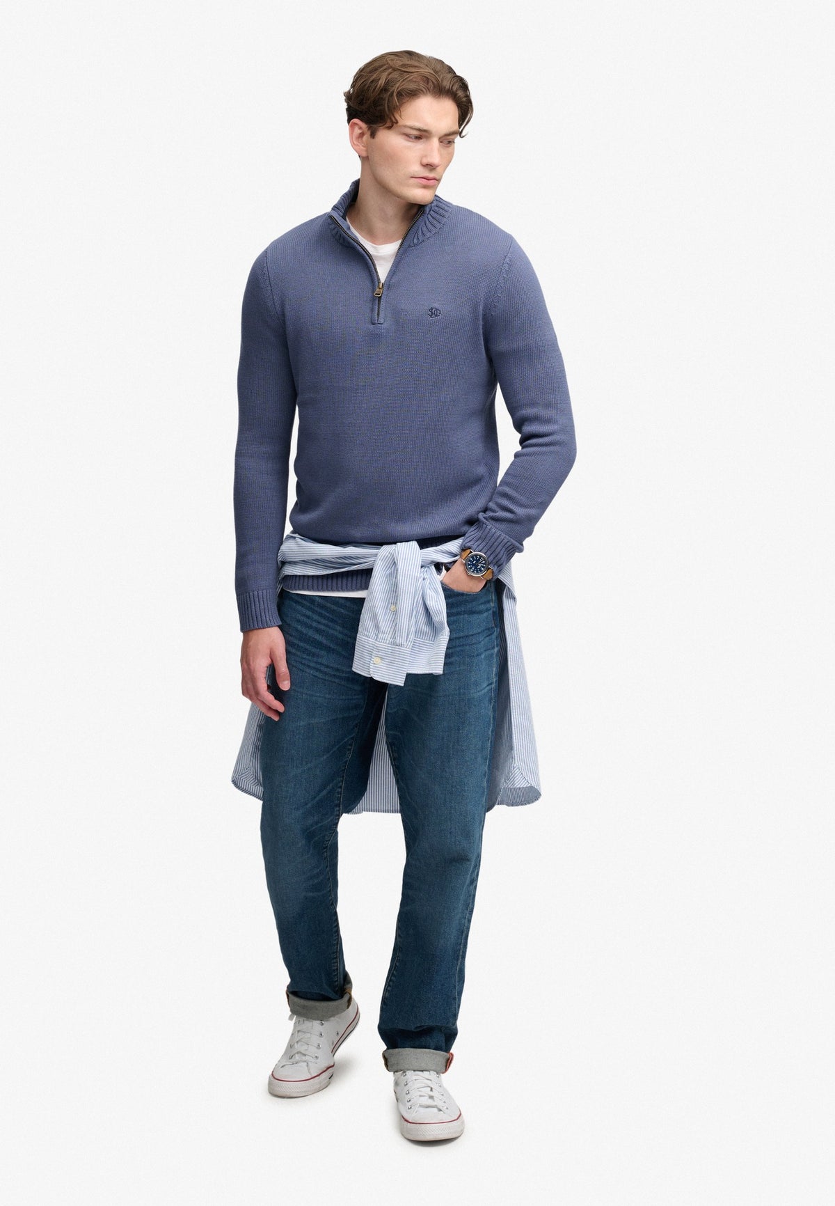 Superdry Cotton Half Zip Knit in Soft Navy full length view