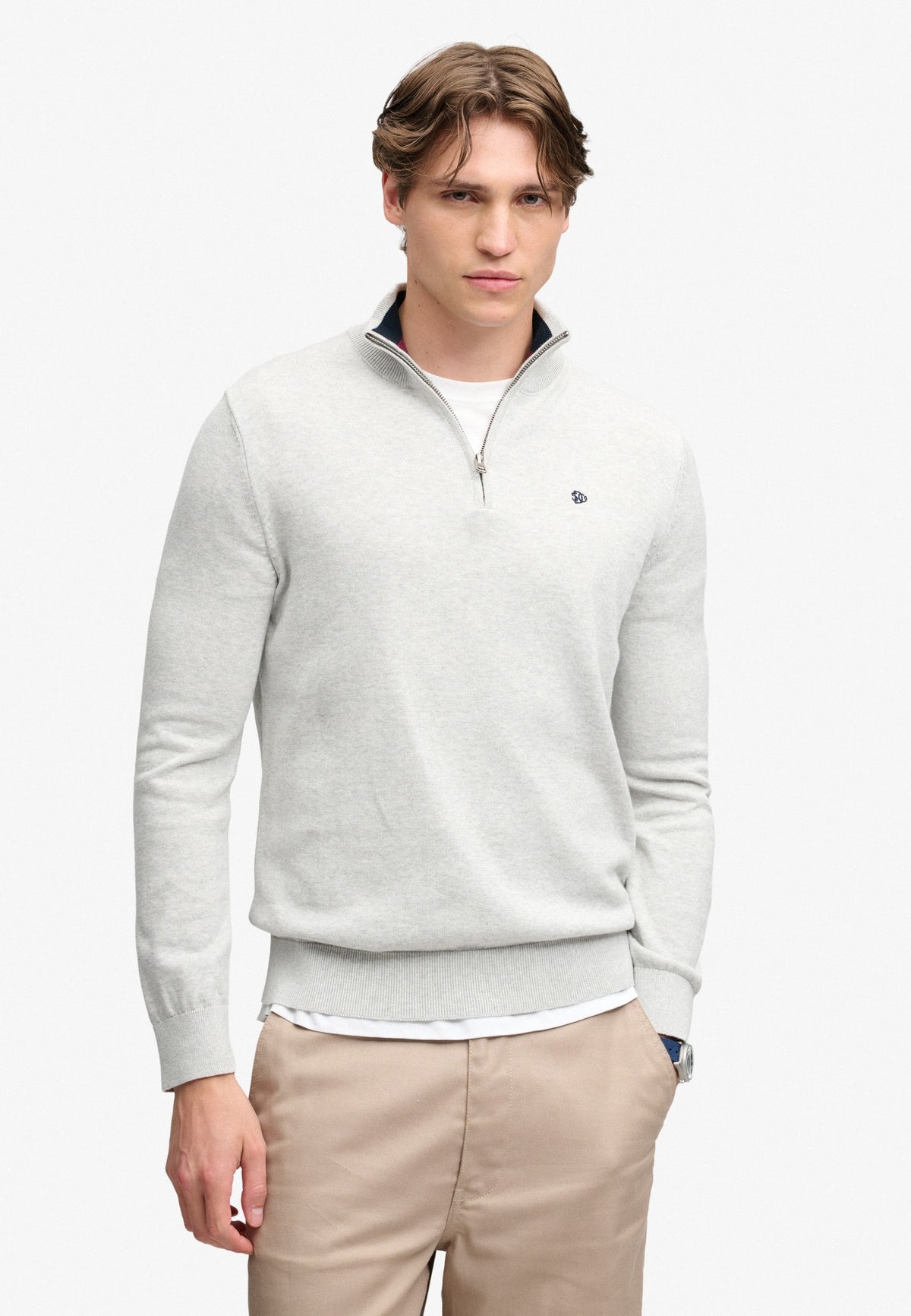 Superdry Prep Essential Cotton Half Zip in Lightning Grey Marl on model