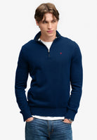 Superdry Prep Essential Cotton Half Zip in Pilot Blue Marl on model