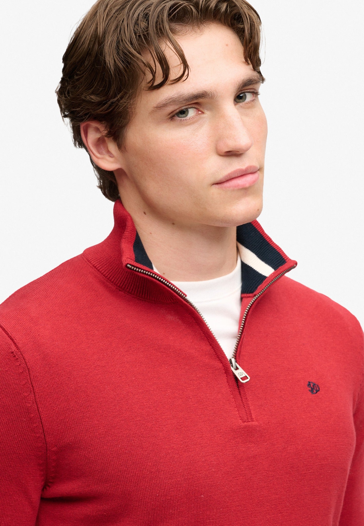 Superdry Prep Essential Cotton Half Zip in Crimson Red Marl half zip collar detail