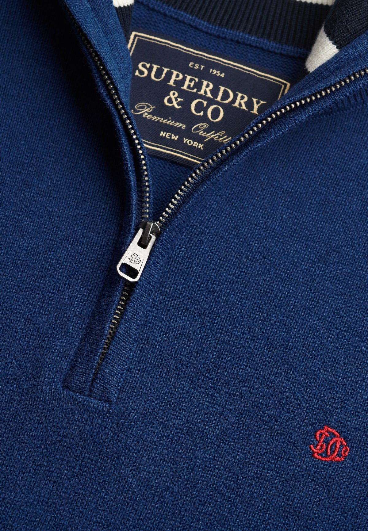 Superdry Prep Essential Cotton Half Zip in Pilot Blue Marl zip collar detail
