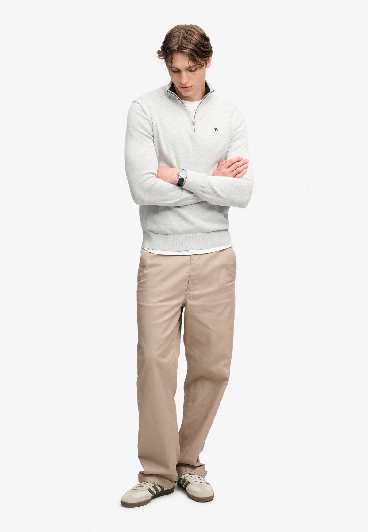 Superdry Prep Essential Cotton Half Zip in Lightning Grey Marl angled view on model