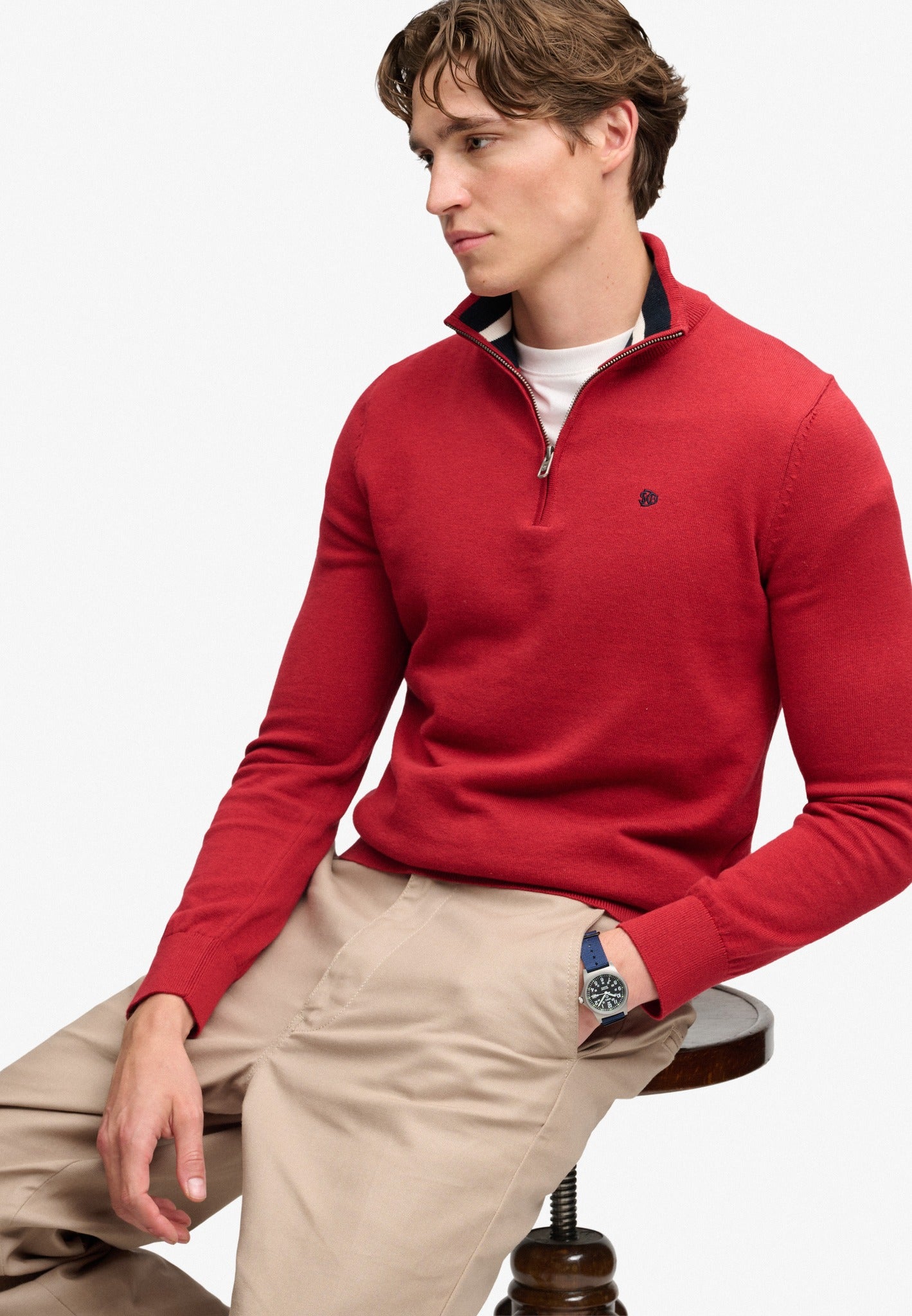 Superdry Prep Essential Cotton Half Zip in Crimson Red Marl seated view
