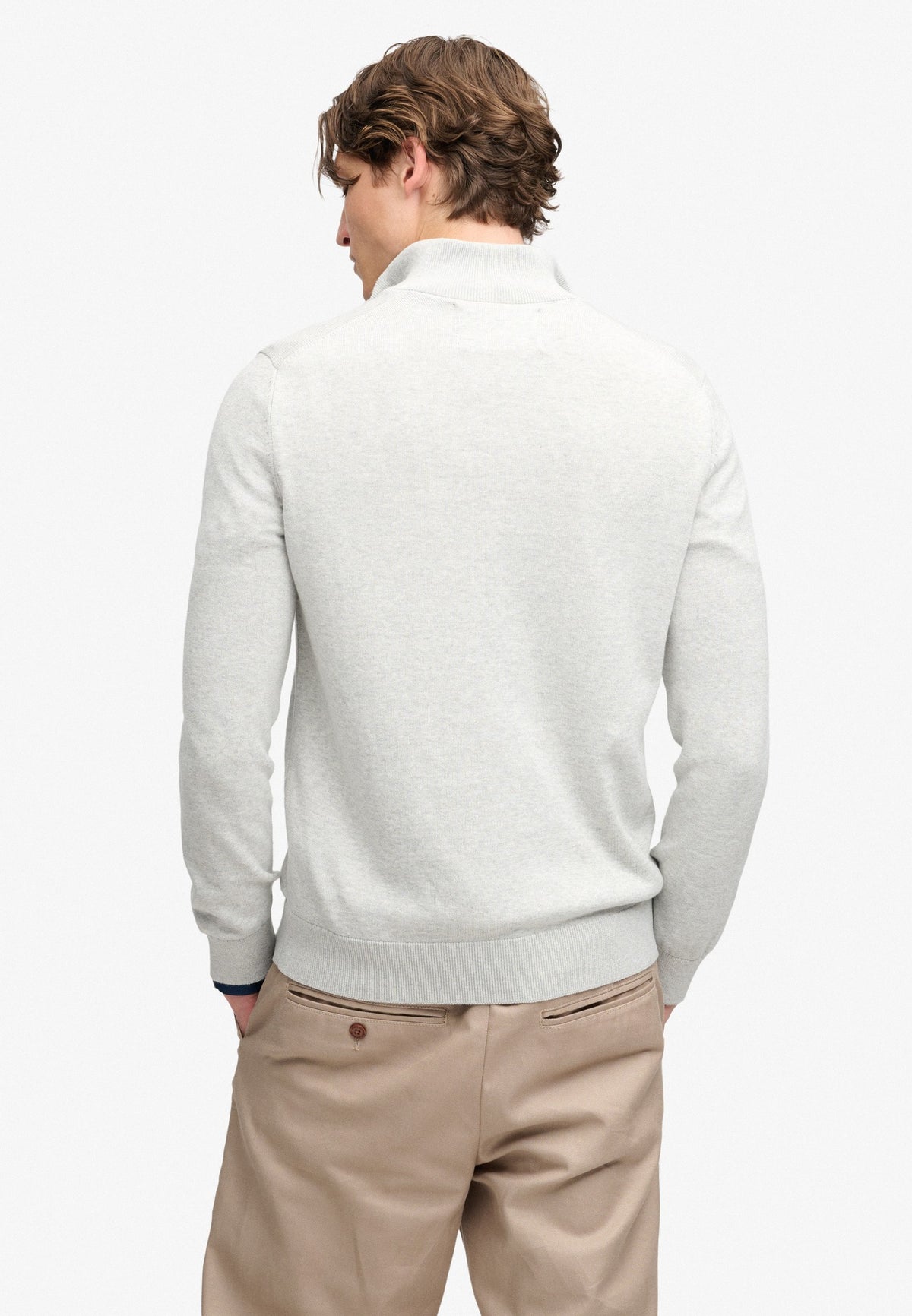 Superdry Prep Essential Cotton Half Zip in Lightning Grey Marl back view on model