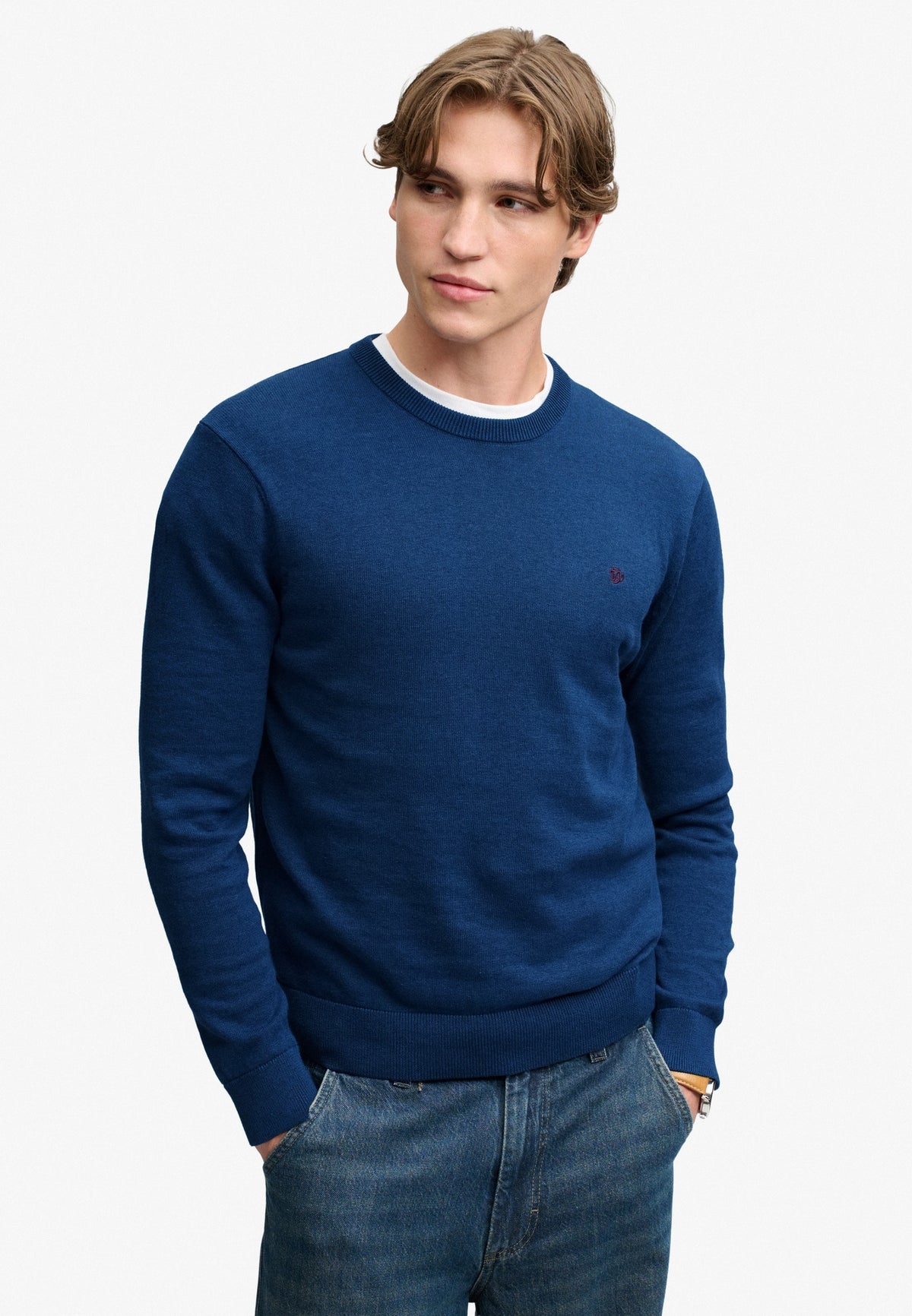 Superdry Prep Essential Cotton Jumper in Pilot Blue Marl on model
