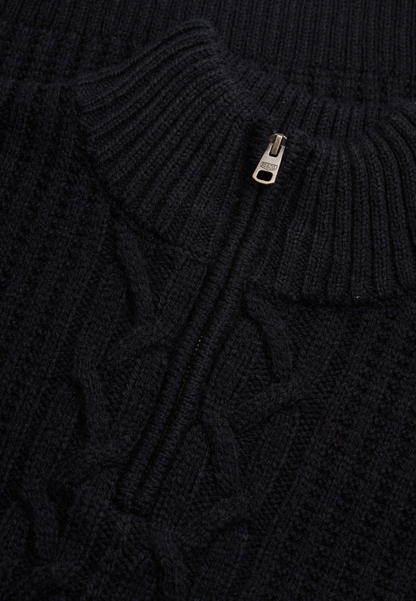 Superdry Jacob Cable Half Zip Knit in Eclipse Navy half zip collar detail
