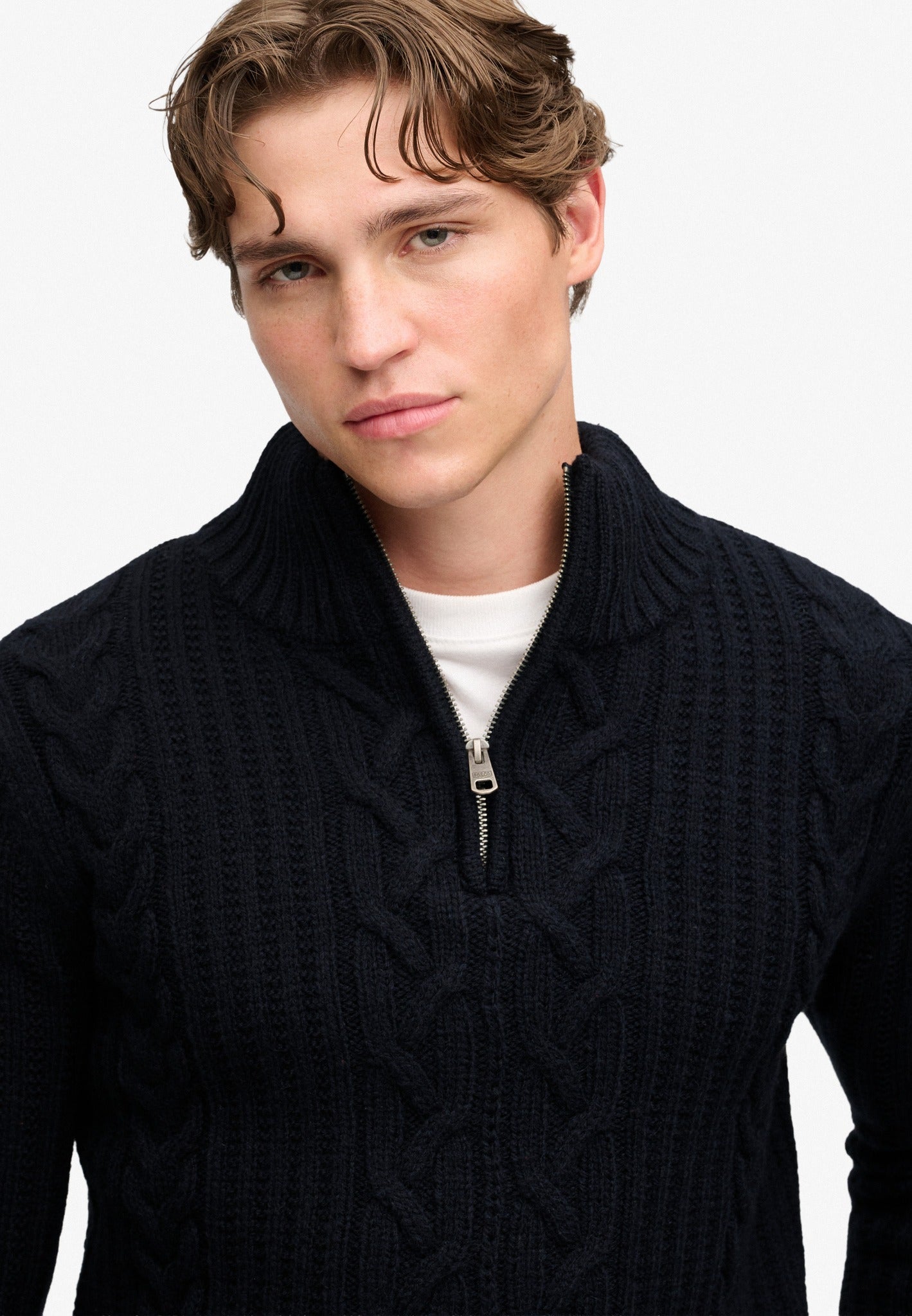 Superdry Jacob Cable Half Zip Knit in Eclipse Navy half model view
