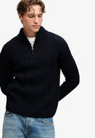 Superdry Jacob Cable Half Zip Knit in Eclipse Navy angled model view