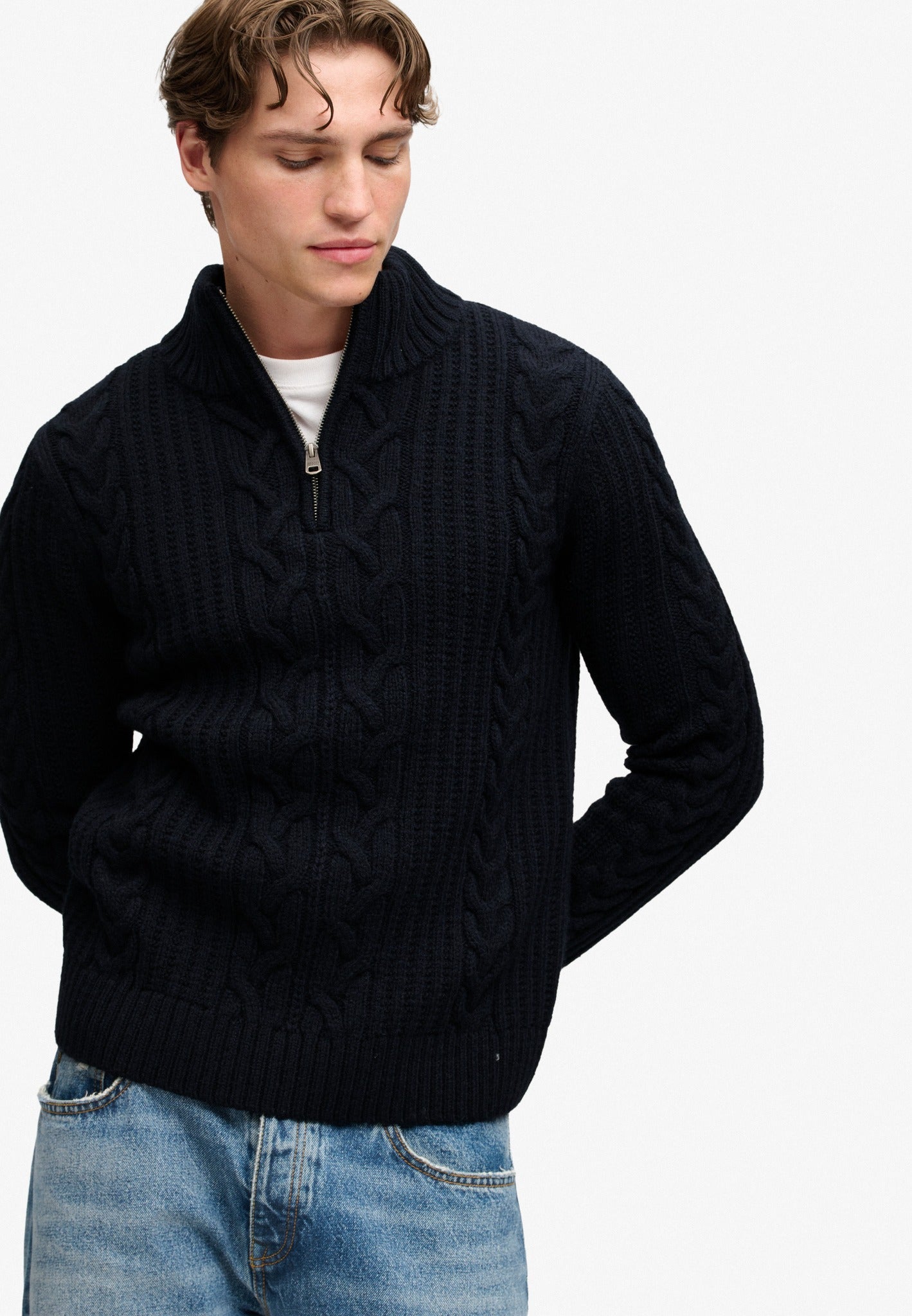 Superdry Jacob Cable Half Zip Knit in Eclipse Navy angled model view