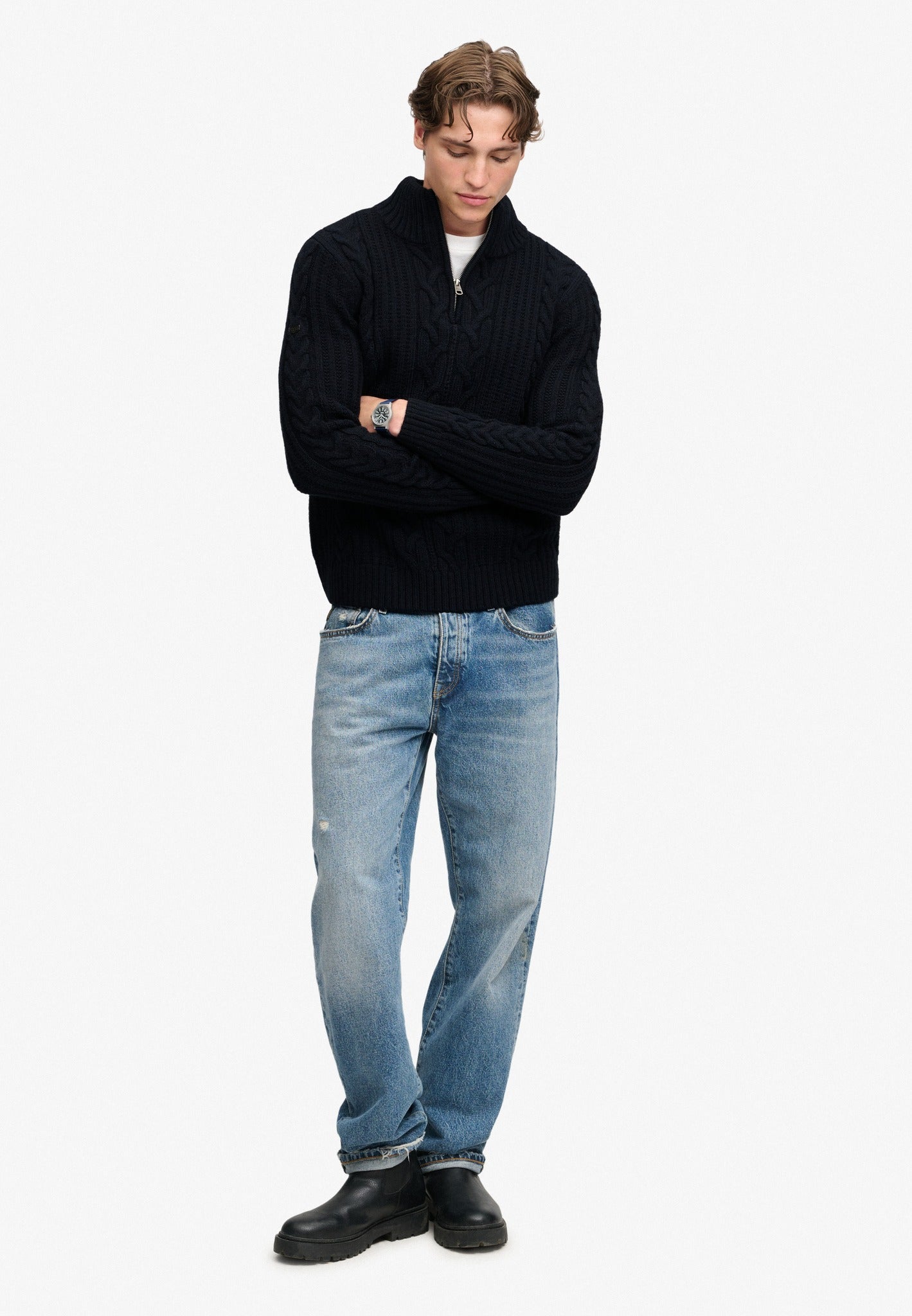 Superdry Jacob Cable Half Zip Knit in Eclipse Navy full length model view