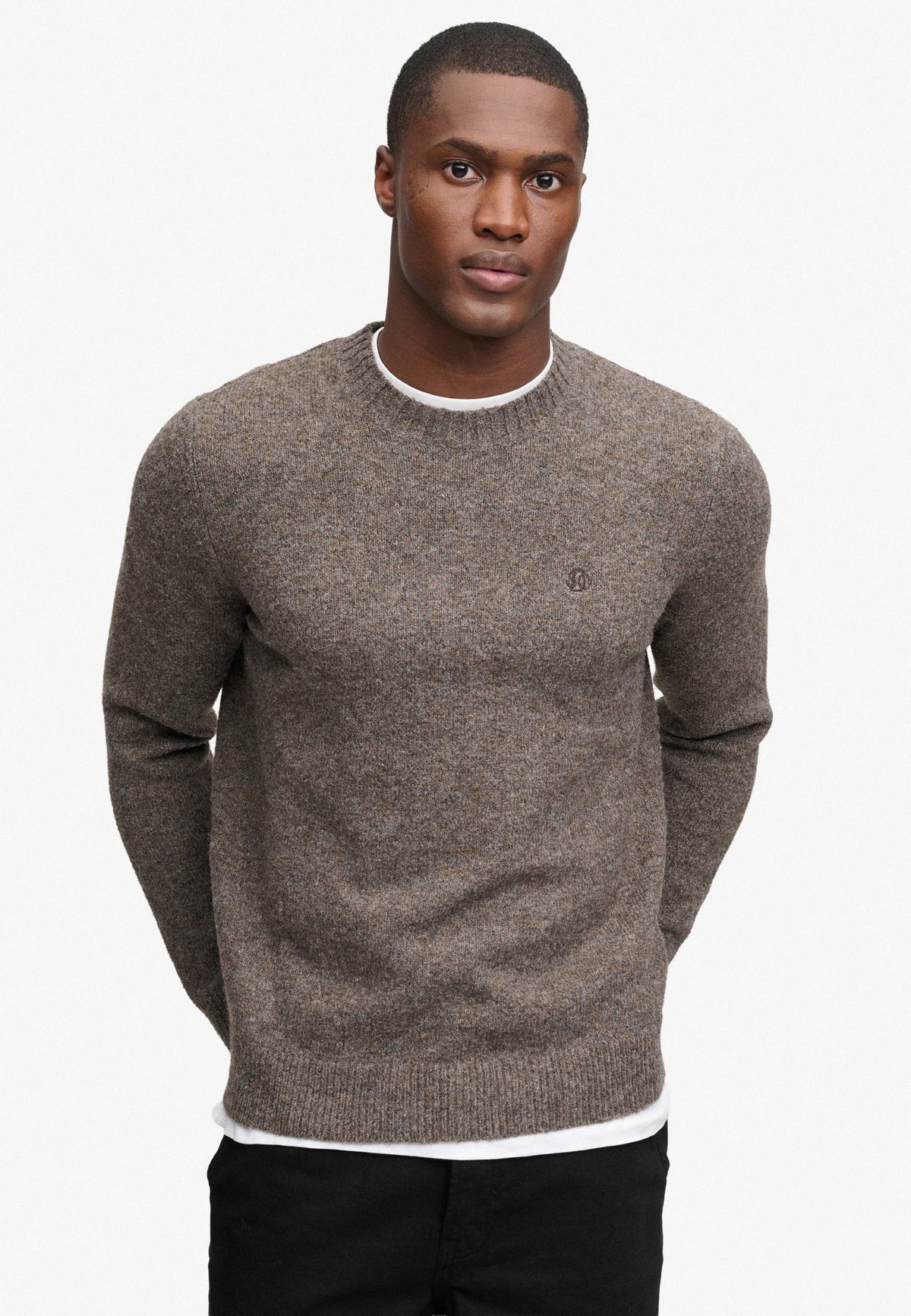 Superdry Brushed Knitted Jumper in Cocoa Brown Fleck on model