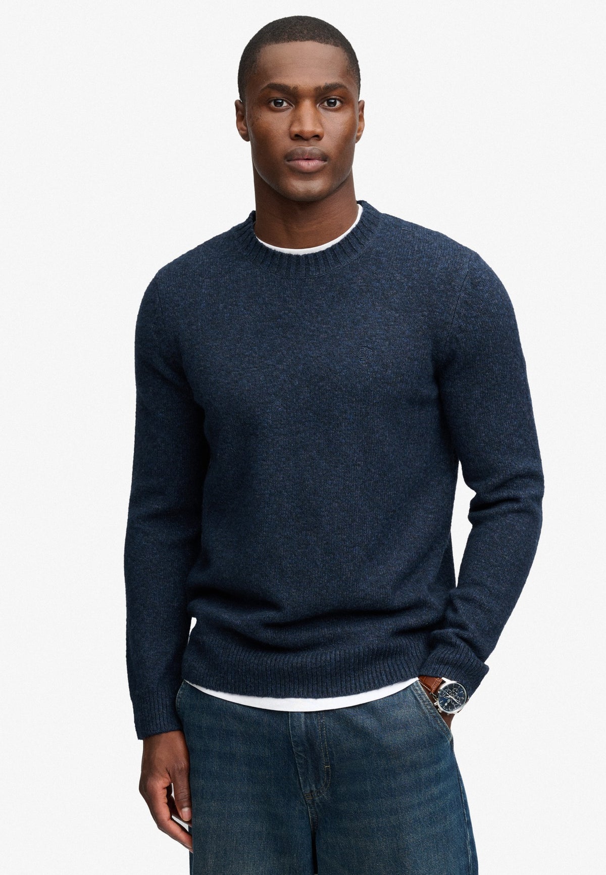 Superdry Brushed Knitted Jumper in Dark Navy Fleck on model